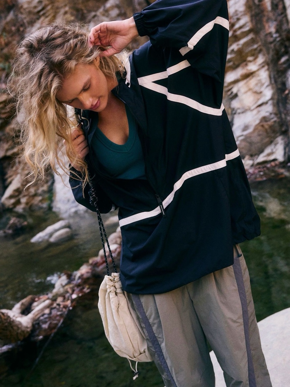 Free People Black Windbreaker with White Stripes!